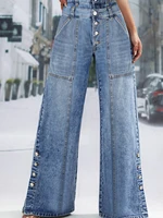 Women's Plus Size Jeans Pockets Denim Wide Leg Pants Button Vintage Streetwear Solid Casual Minimalist Jeans Trousers 2024 - Image 3