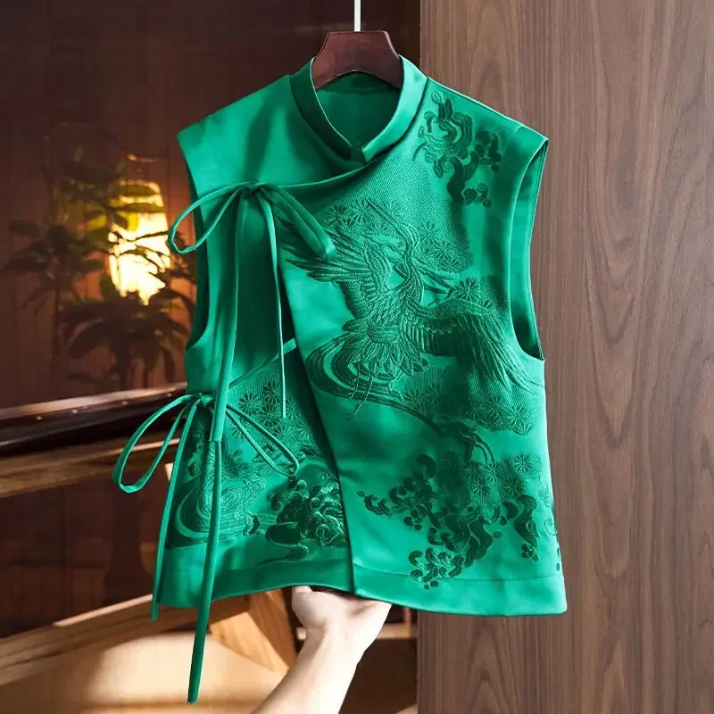 Chinese Style Top Women Tang Clothes Embroidery Phoenix Flower Qipao Lady Vest Vintage Clothing Casual Carnival Dress Up Party