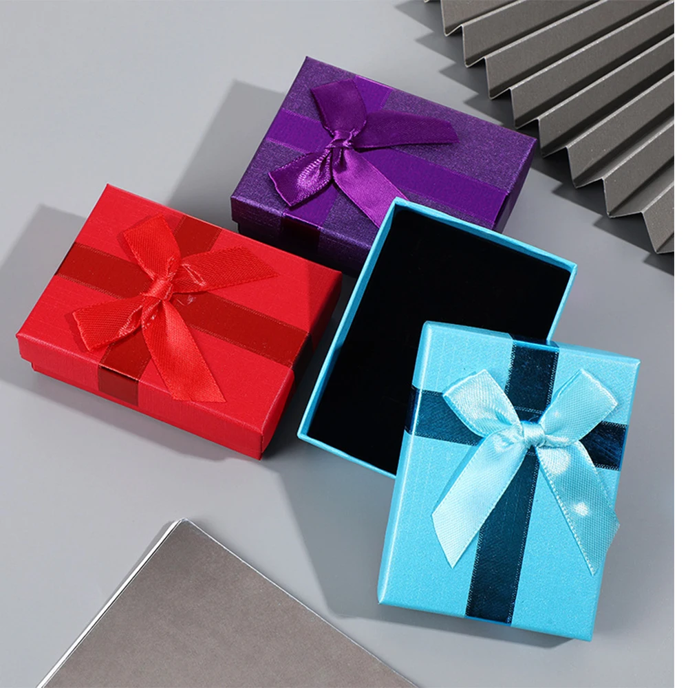 20pcs/Lot Bulk Rings Storage Box DIY Luxurious Bow Double Rings Case 7x9x3cm Coffee Purple Cardboard Jewelry Boxes With Sponge