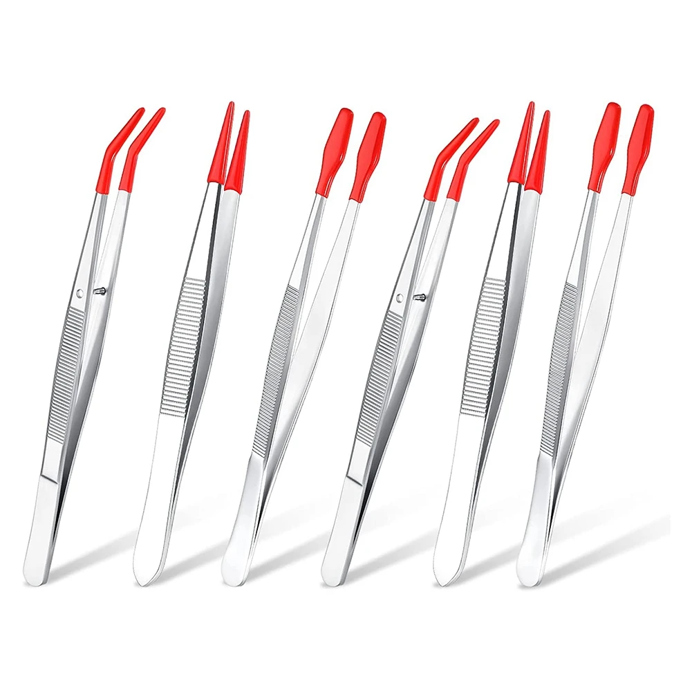 6Pcs Tweezers With Rubber Tips Set Soft PVC Rubber Coated Tips Bent And  Straight Flat Tip