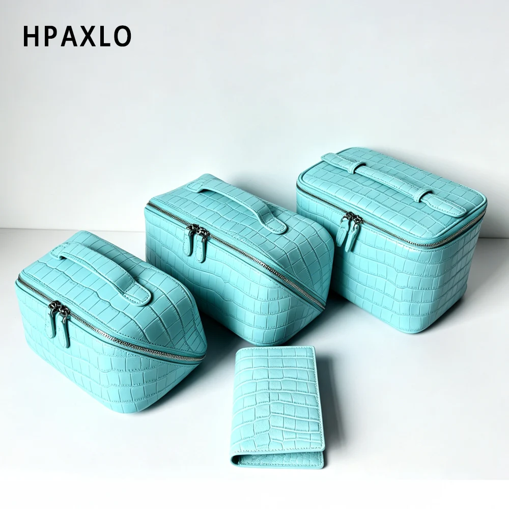 Top Grain Leather Crocodile Print Makeup Pouch Blue Wash Bag Woman Gifts Cosmetic Case Toiletry Holder Makeup Organizer Travel 1