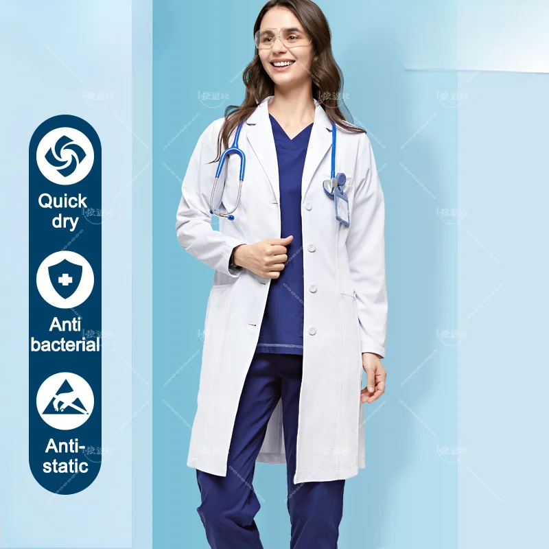 Белые медицинские пальто, 99% полиэстер, 1% проводящая проволока, антибактериальная Антистатическая лабораторная униформа, халат для химии больницы, фармации