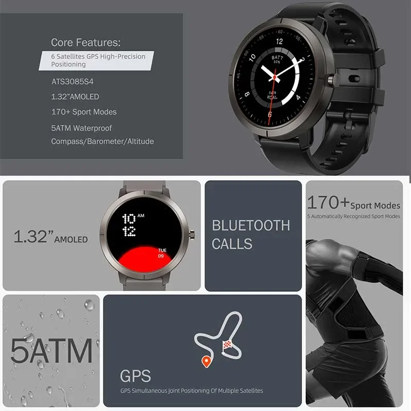 Smartwatch GPS 2026 con Display AMOLED da 1,32 Pollici, Chiamate BT, Impermeabile 5ATM, 170 Modalità Sportive, Batteria Grande da 360mAh, per Uomo e Donna, per Attività all'Aperto - immagine 2