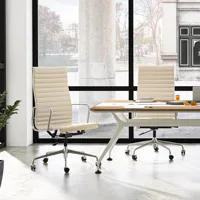 Ribbed Office Chair Meeting Chairs Mid Back Top Black Grain Leather Desk Chair Swivel Chair Adjustable Ergonomic Computer Chairs 2