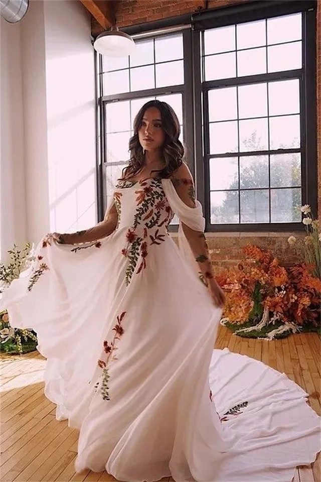 Stella York Colorful Floral Wedding Dress Embroidered Flowers Embroidered  Wedding Unique Wedding Dresses With Color Amanda Flower Off Shoulder  Chiffon Wedding Dress