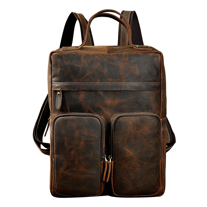 

Men Genuine Leather Bag Rucksack Daypack Computer Book Bags Travel Large Capacity Knapsack School Crazy Horse Cowhide Backpack