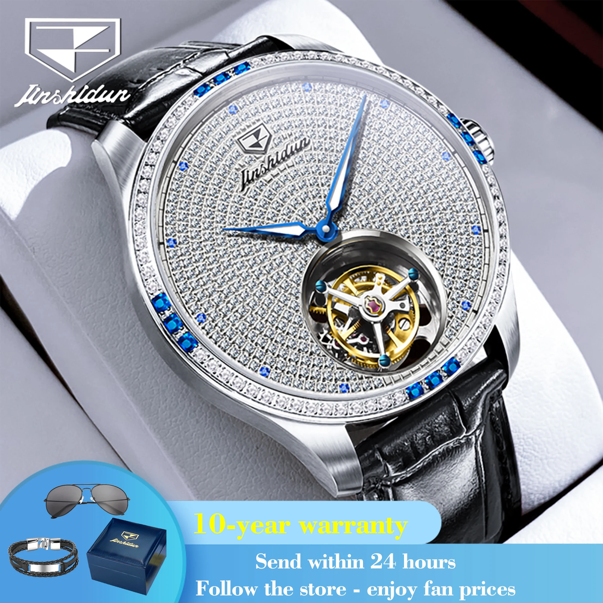 JSDUN 832 Watch For Men Tourbillon Luxury Diamond Dial Hollow Mechanical Leather Wristwatch Deep Waterproof Business Man Watches