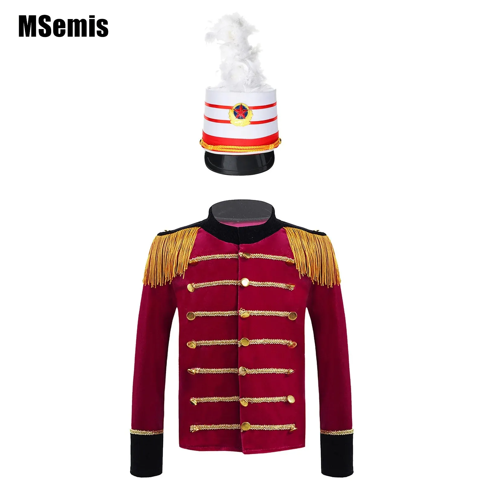 

Kids Boys Honor Guard Performance Uniform Set Long Sleeve Tassels Shoulder Tops with Feathers Decorated Ceremonial Hat