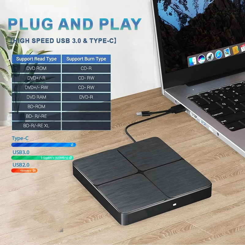 외부 Bluray DVD 드라이브 USB 3.0 휴대용 3D BD-콤보 플레이어 리더 CD DVD 버너 노트북 PC 컴퓨터 노트북 Windows 11