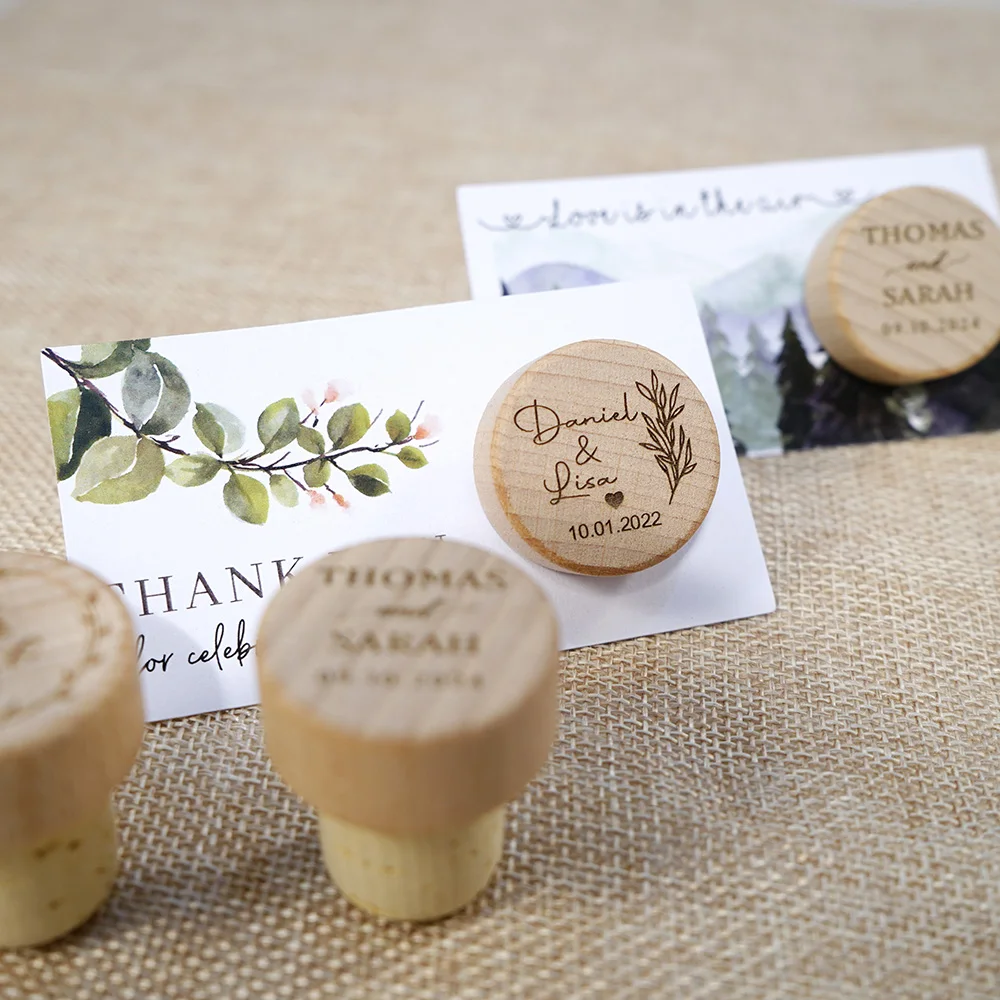 100 Tappi Per Vino In Legno E Sughero Naturale Personalizzati Con Incisione Laser, Bomboniere Matrimonio Con Sacchettini, Diametro 28 Mm