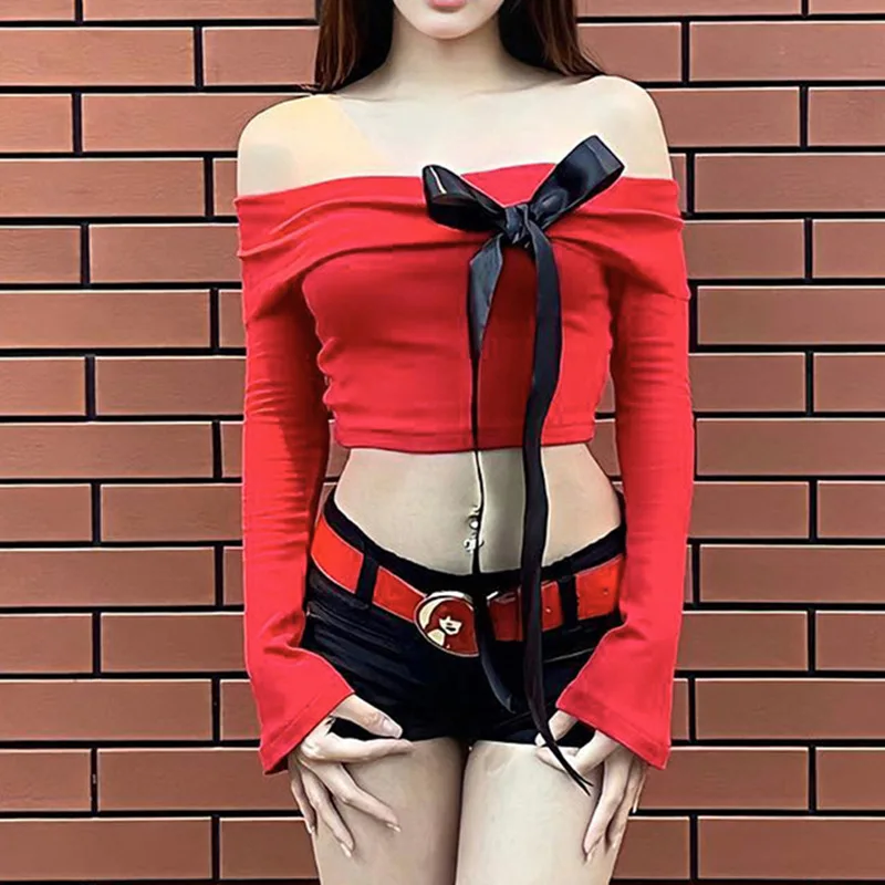 

Весна-лето 2024, однотонный короткий топ на одно плечо в европейском и американском стиле с открытым пупком и бантом для девочек, тонкий и приталенный стиль