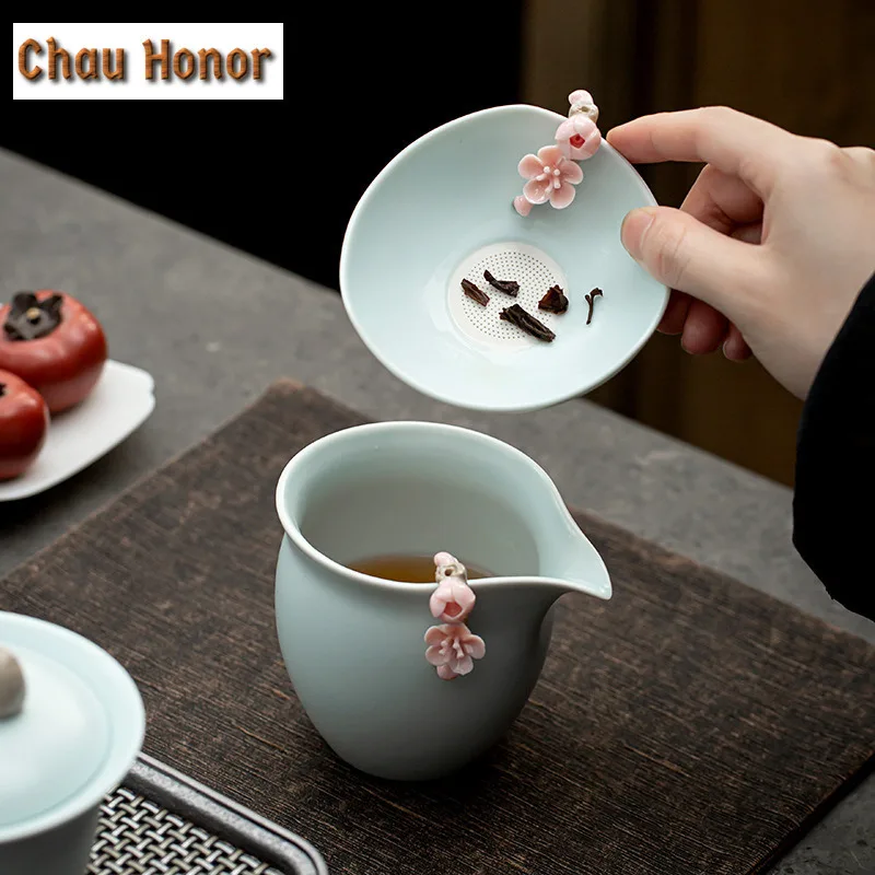 Handmade Knead Pink Plum Blossom Ceramic Tea Infuser Boutique Azure Ru Kiln Celadon Loose TeaLeaf Spice Tea Filter Tea Ceremony