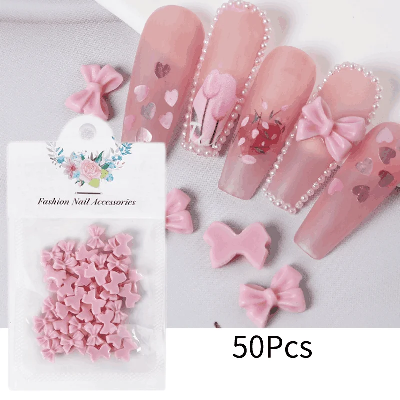 

50Pcs Pink/White Bow-Tie 3D Nail Charms 8*10MM Bow-knot Korean Crystal Bowknot Nail Art Decoration DIY Butterfly Manicure Access