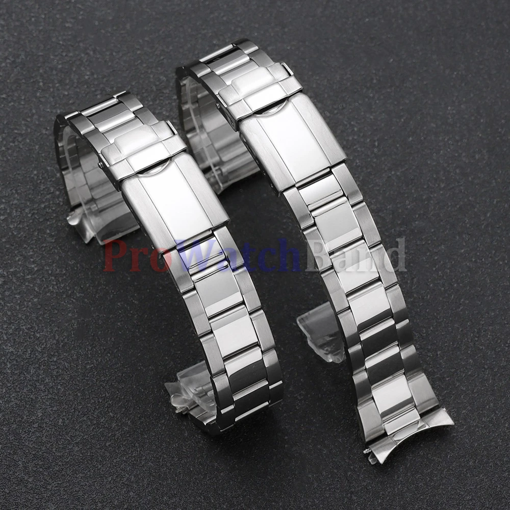 Men's Stainless Steel Curved End Sports Watch Strap with Universal Folding Buckle