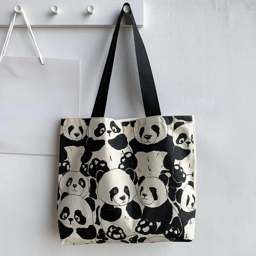 Canvas Bag Women's Shoulder Chinese Style High Capacity Zipper Canvas Bag Portable Shopping Bag Double Cute Panda Sided Printing Canvas Bag Women's Shoulder Chinese Style High Capacity Zipper Canvas Bag Portable Shopping Bag Double Cute Panda Sided Printing