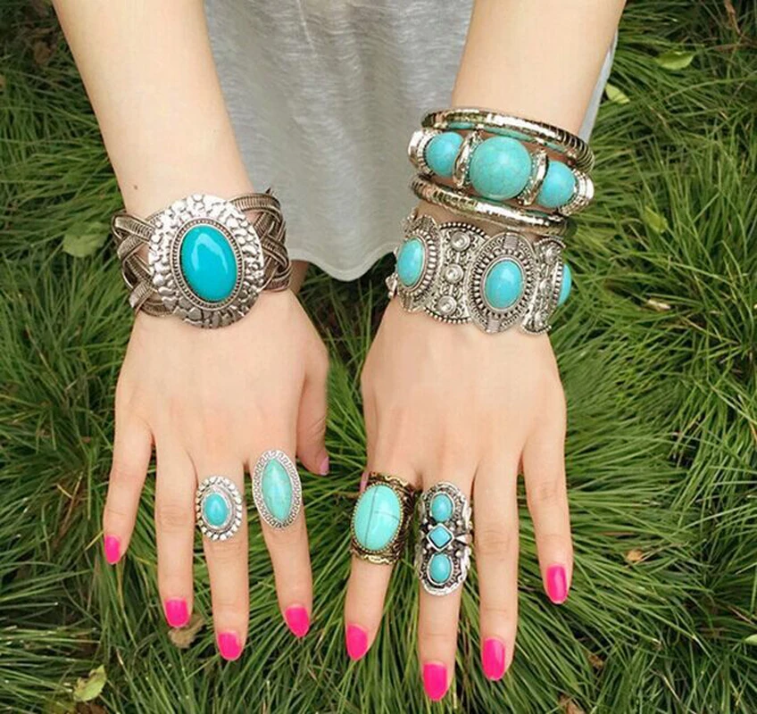 Vintage Elastic Tibet Turquoise Bracelet for Women Men Bangles Bracelets Bohemian Ethnic Gypsy Indian Afghan Turkish Jewelry