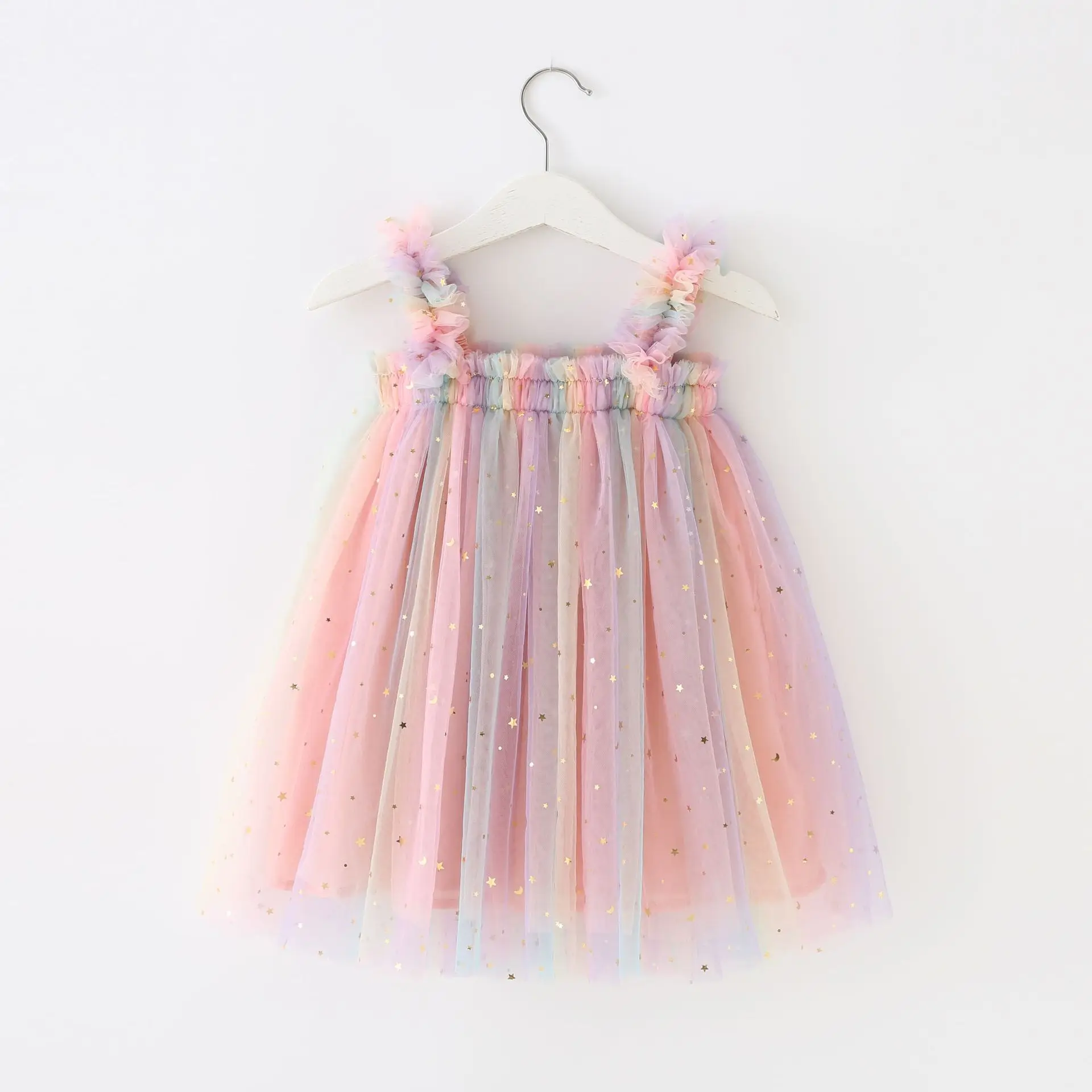 

2023 Summer New Baby Girl Clothes Cute Sequins Star Rainbow Suspender Skirt Mesh Ball Gown Baby Dress Sweet Princess Girls Dress