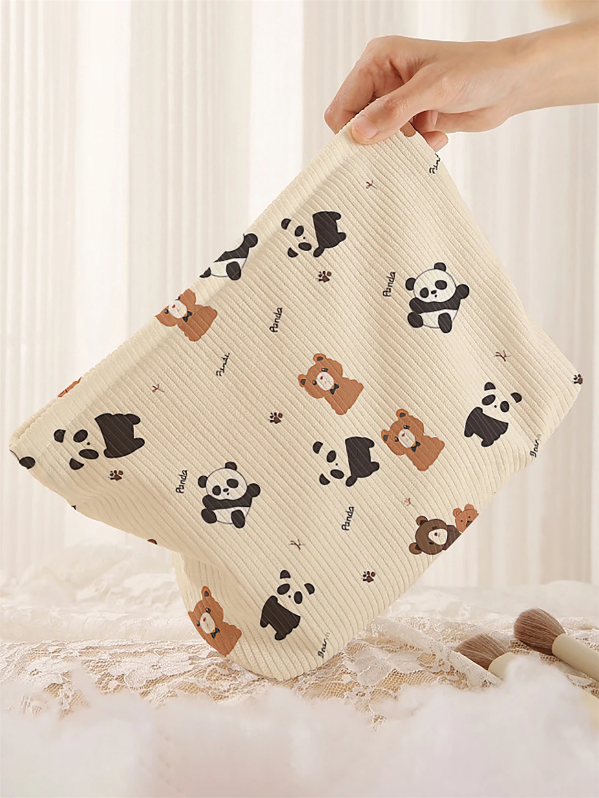 1 panda patterned corduroy makeup bag, lightweight zipper makeup storage box, multifunctional bag with lining