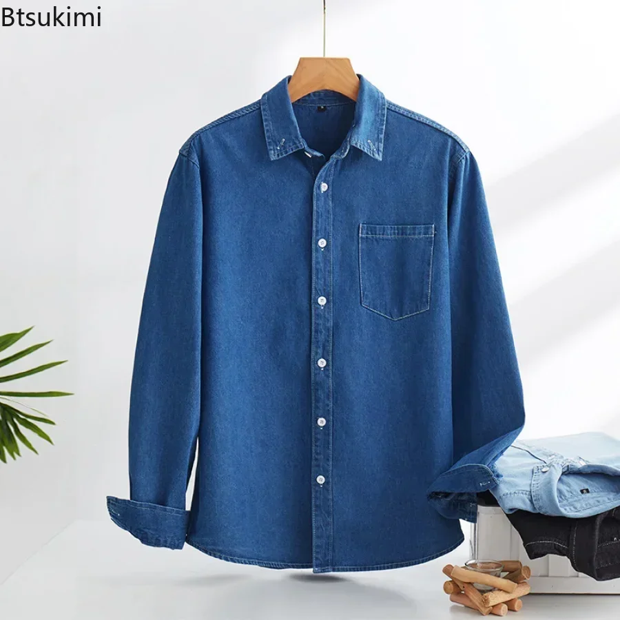 Spring Autumn Korean Shirt For Men Single Breasted Cotton Washed Denim Shirt Causal Long-sleeved Clothes Top Male