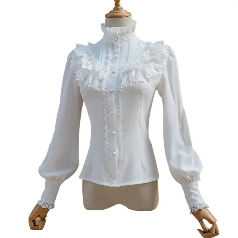Ruched lace blouse long sleeves lolita women Victoria costume sweet high collar slim shirt button up formal jabot tops with tie lolita blouses