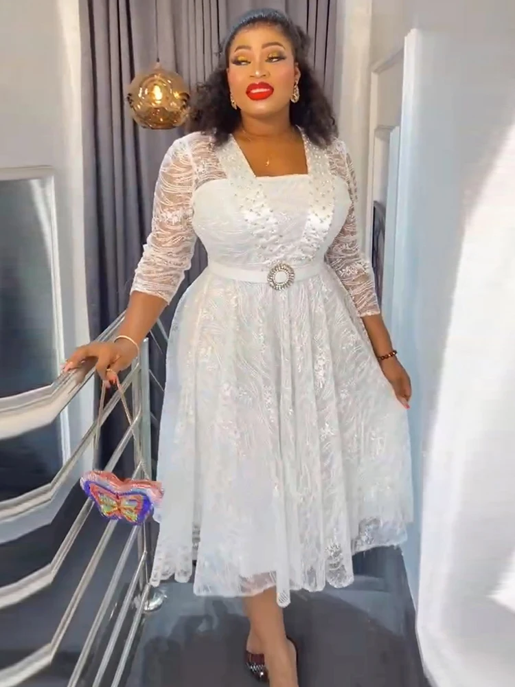 Dubai African Wedding Party White Lace Dresses Women Prom Evening Gown Dashiki Ankara Maxi Robe Plus Size Dress Africa Clothing