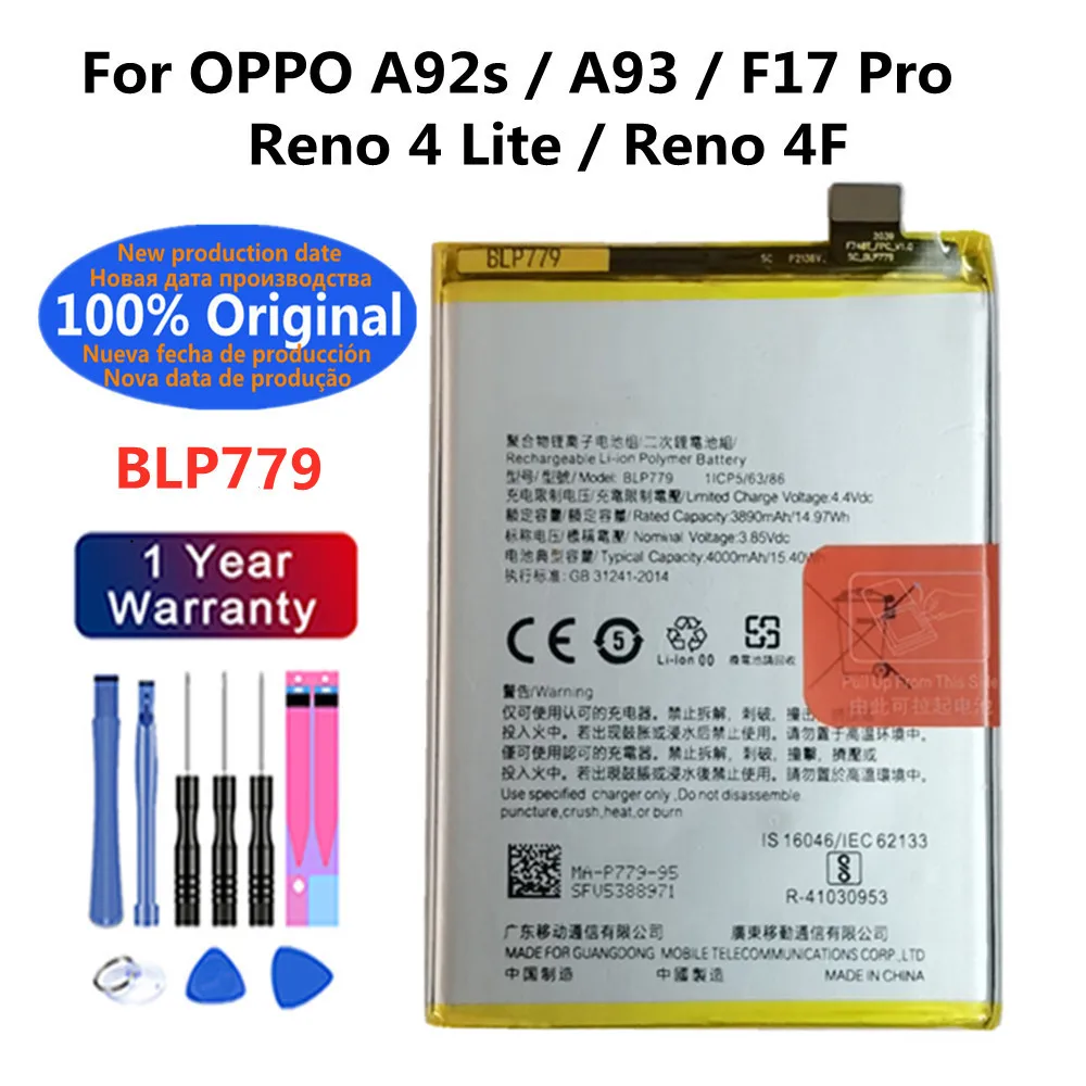 

Аккумулятор BLP779 для OPPO Reno4 Lite/F17 Pro /A92s /A93 /RENO4F, оригинальная емкость, запасные части для ремонта, батареи для телефона, батарея