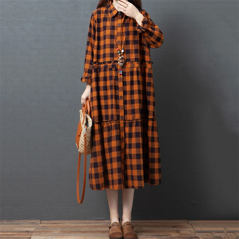 2025 Spring Autumn Cotton Plaid Vintage Dresses For Women Casual Long Korean Style Fashion Elegant Dress Office Lady Clothing