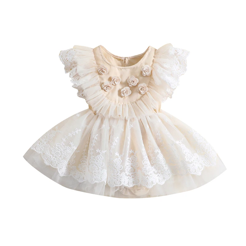 Infant Baby Girls Clothes Romper Dresses Vestidos Fly Sleeve Crew Neck Flower Lace Tulle Patchwork A-line Newborn Jumpsuit Dress