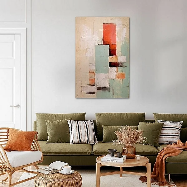 Vibrant Hand-Painted Abstract Canvas Art - Textured Red & Green Geometric Design