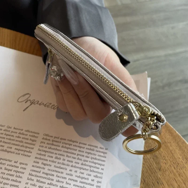 Fashion Genuine Leather Storage Bag Zipper Coin Purse Mini Cute Silver Wallet for Women Portable Key Card Coin Organizer Pouch