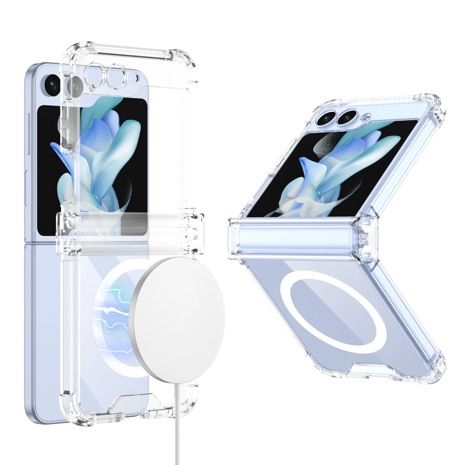 

For Samsung Z Flip5 Z Flip4 Phone Case Hinge Transparent Airbag Wireless Magnetic Recharging Ring Z Flip3 Protective Cover
