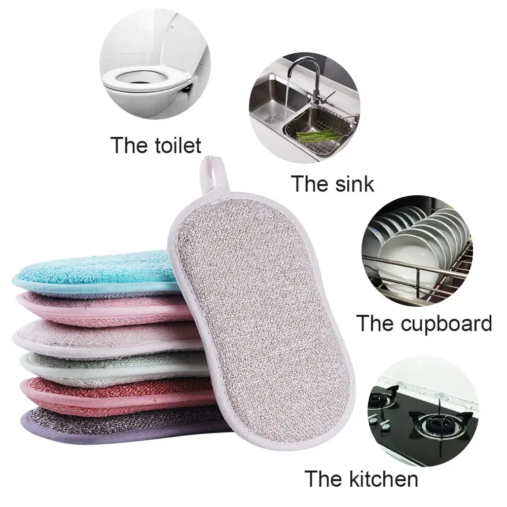 6pcs Kitchen Household Cleaning Brush Multifunctional Cleaning Scrub Scouring Sponge Reusable Anti Grease Rag Cleaning Tools