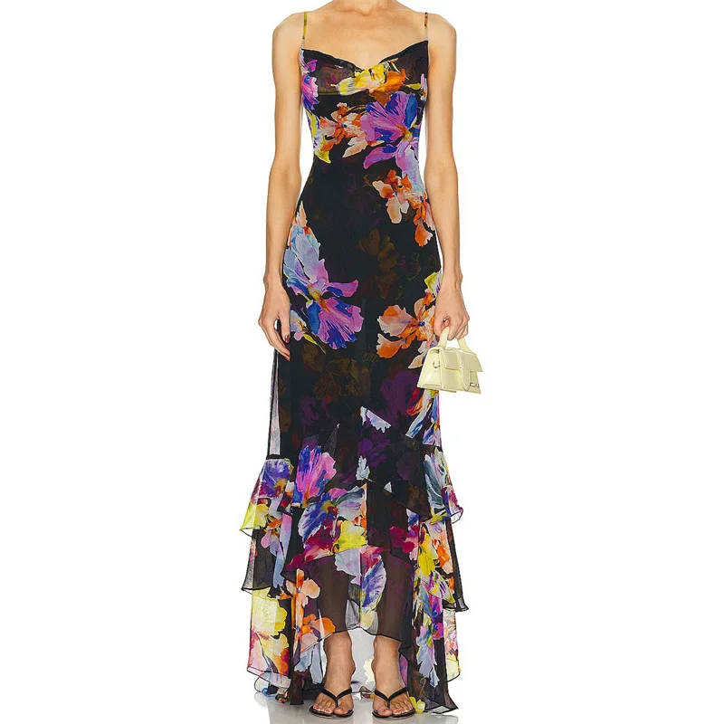 

Elegant dresses for women 2024 Summer New Fashionable Printed suspender long dresses Ruffled edge sleeveless dress Party dresses