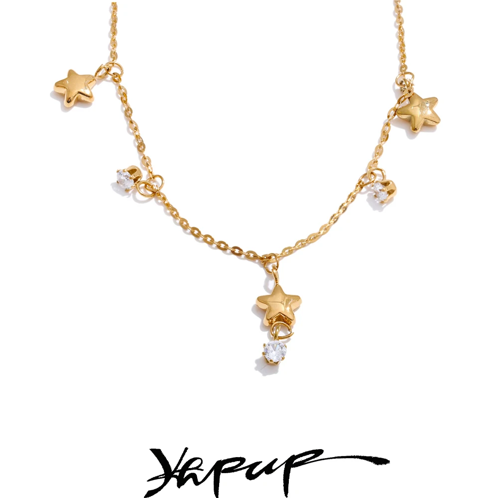 Yhpup Stainless Steel Zirconia Star Drop Necklace 18K Gold PVD Plated