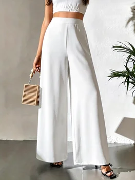 Office Elegant Women Wide Leg Pants, Lightweight Silky Flowy High Waist Straight Palazzo Trousers, Back Elastic Waist Solid Color Loose Casual Vacation Formal Long Pants