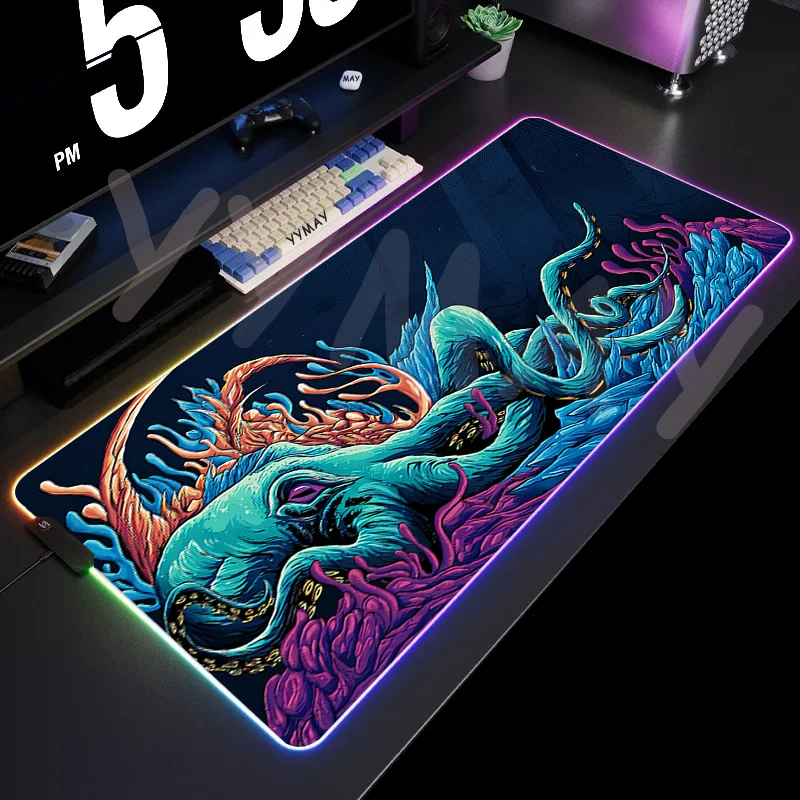 thumbnail image 1 of Alfombrillas de ratón LED para videojuegos, diseño de pulpo, alfombrilla de escritorio con retroiluminación grande, 39,3x19,6 pulgadas, alfombrilla para jugador RGB, alfombrilla luminosa para ratón, 1 of 4