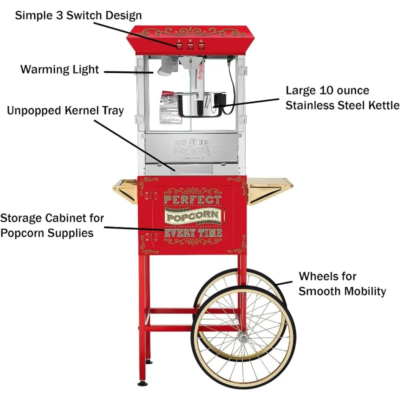 Great Northern Popcorn Perfect Popper Popcorn Machine with Cart and Stainless-Steel Kettle, Warming Light, and Accessories 3