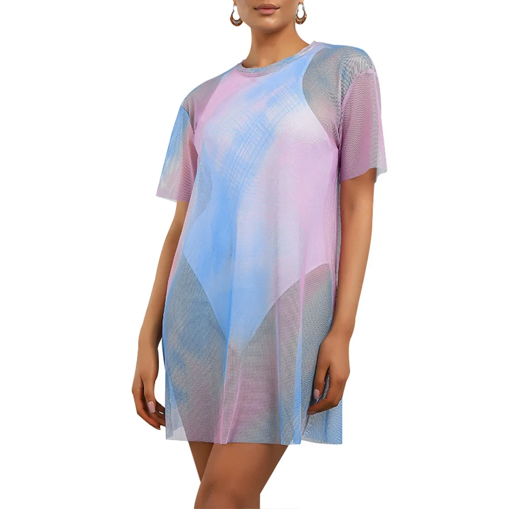 

Tie Dye Short-sleeve Dress Sexy See Through Short Dress Party Summer Mini Dress Fashion Casual Loose Women Dress Vestidos