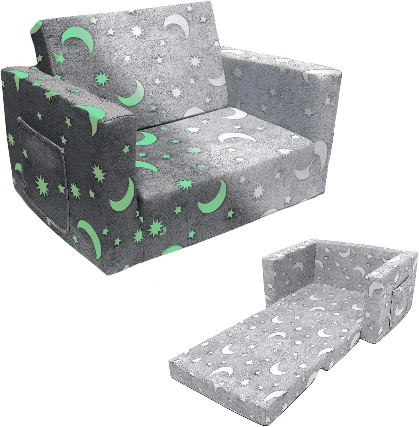Fold-Out Kids Sofa, Glow-in-The-Dark Kids Couch Chair, 2-in-1 Children Convertible Sofa to Lounger, Extra Soft Flip-Out Toddler