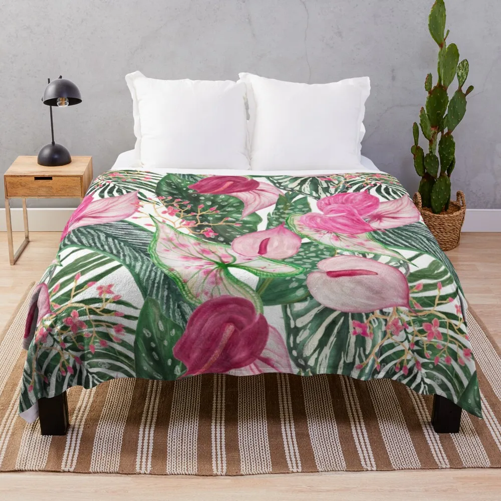 

seamless watercolor painting pattern with anthurium flowers and tropical leaves Throw Blanket Flannels Blanket Comforter Blanket