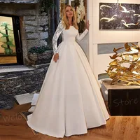 Simple Modern Satin A Line Women's Wedding Dresses Classic O Neck Bride Gowns Lace Appliques Vestidos De Novia Boda Long Sleeve 1