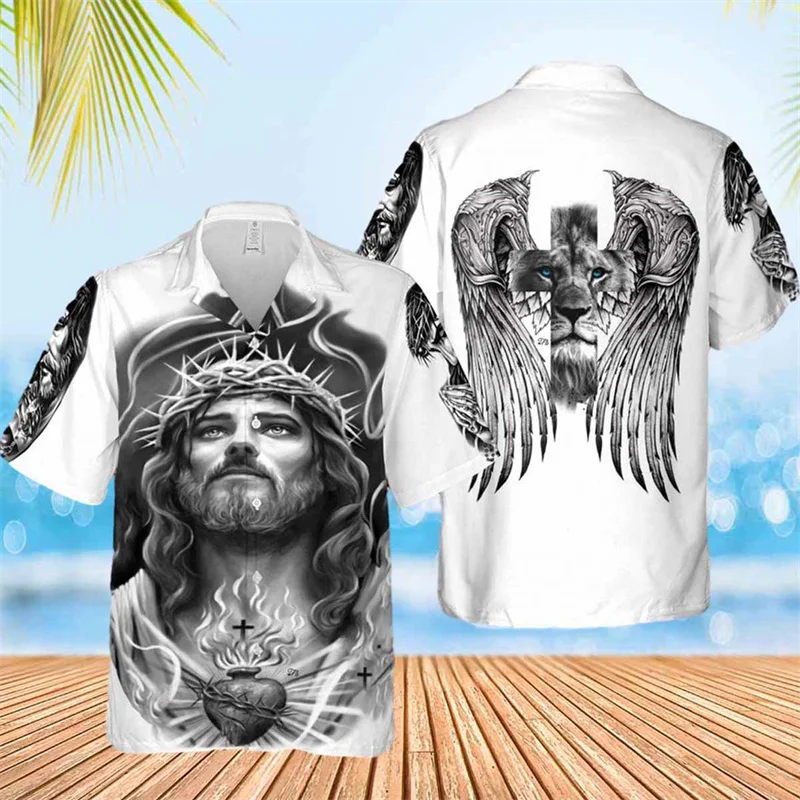 thumbnail image 1 of Jesús toma mi mano Jesús es mi salvador Camisas hawaianas para hombre y mujer Camisas playeras con cruz de león Camisas florales frescas de verano Ropa, 1 of 5