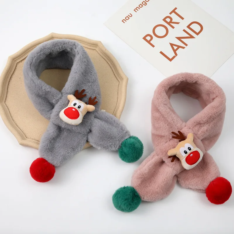 New lovely imitation rabbit plush children's scarf autumn and winter double ball cartoon red nose deer Christmas warm bib rabbit fur scarf