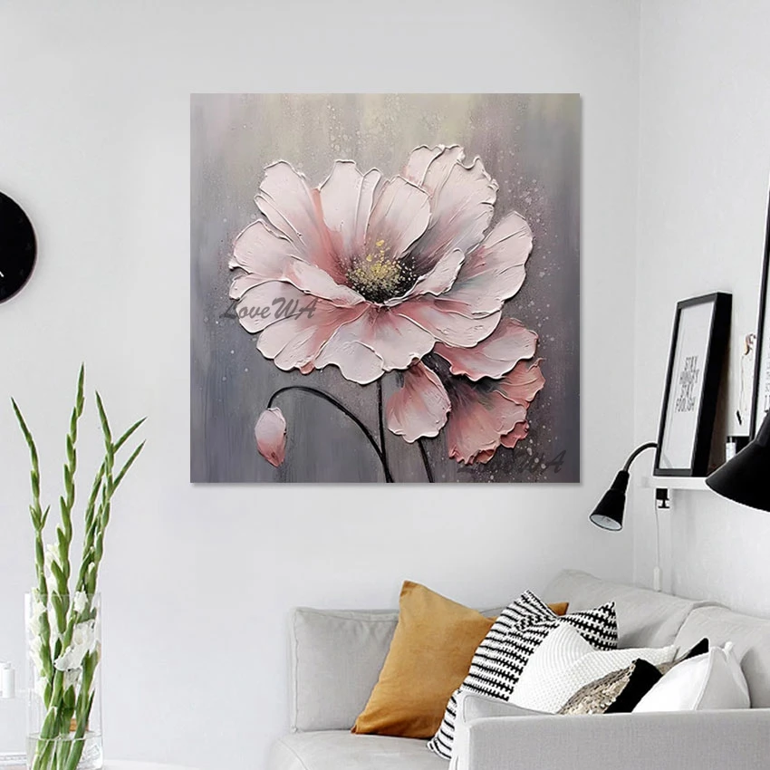 

High Quality Delicate Pink Custom Handmade Beautiful Flower Painting Home Accessories Decoration Wall Pictures Canvas No Framed