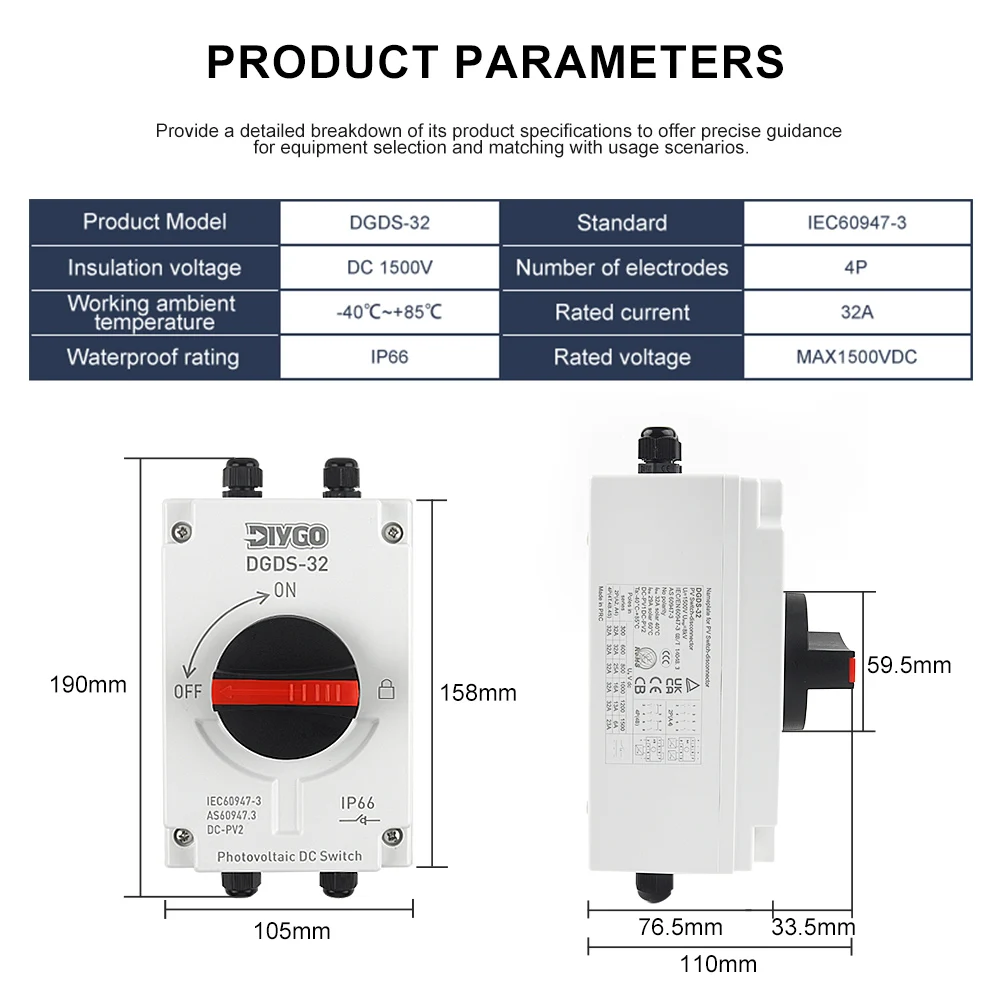 Interruttore di Disconnessione Solare FAI DA TE GO, Impermeabile IP66 per Esterni, 1 Ingresso 1 Uscita, Interruttore Isolatore per Sistema Fotovoltaico DC 1200VDC 32A - Image 2