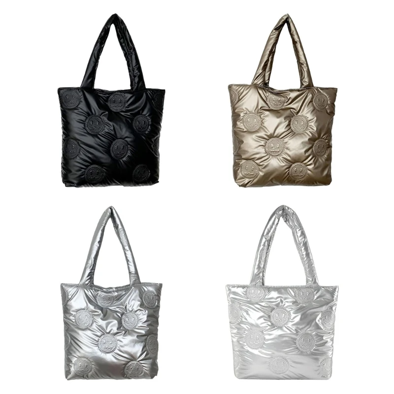 

Women Solid Color Shoulder Bag Large Capacity Tote Handbag Autumn Winter Shopping Bag Down Cotton Tote Bag for Daily