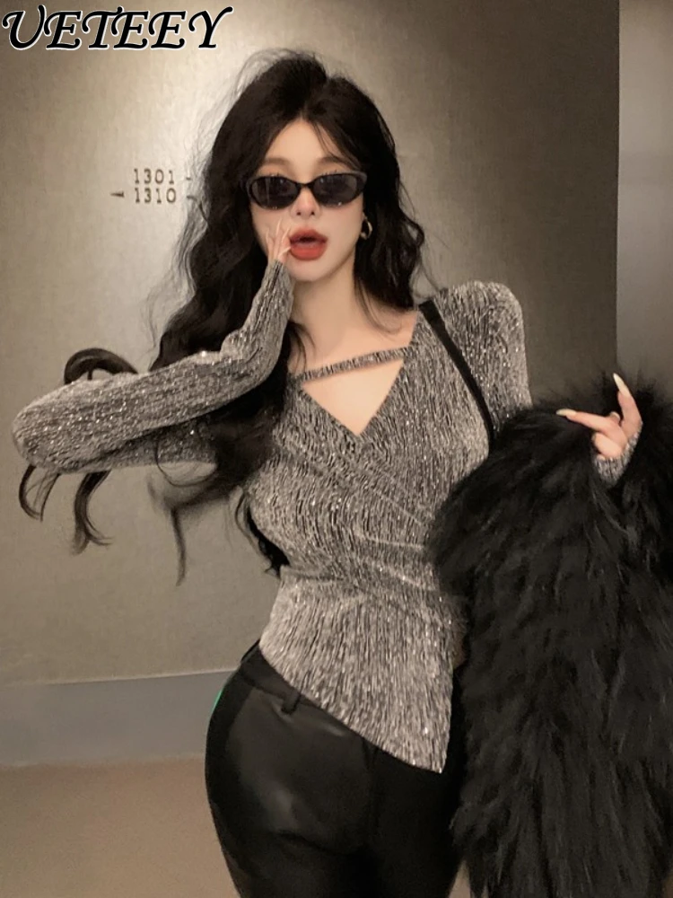 

Spring and Autumn New Chic Hot Girl V-neck Irregular Rhinestone Top Design Tight Long Sleeve Women's Inner Wear Bottoming Shirt