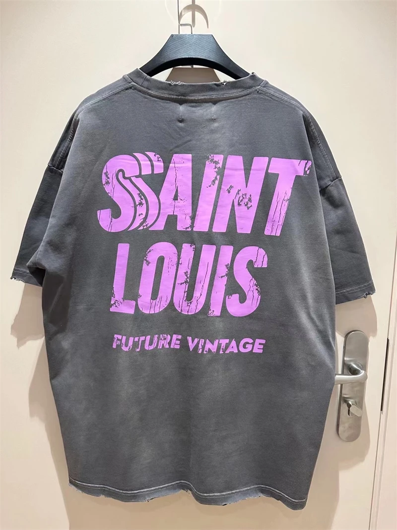 

23SS Top Level Version Washed Saint Louis T-Shirt Men Women Destroy Pink Logo Oversize Tee Casual Short Sleeve T Shirt