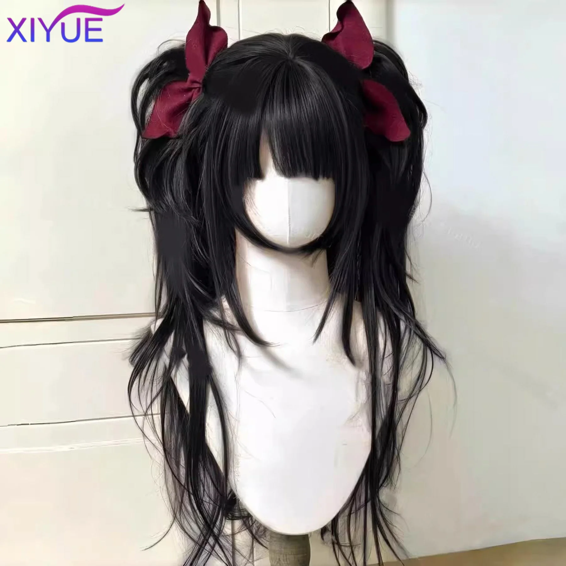 Synthetic Black Pink Wig with Long Ponytail Short Straight Wig Lolita Cosplay Party Harajuku Blonde Wig With Bangs for Women ﻿