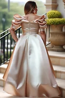 Off Shoulder Puff Sleeve Plus Size Satin Evening Dress for Women's Solid Elegant Cocktail Wedding Guest Maxi Dresses - Image 3